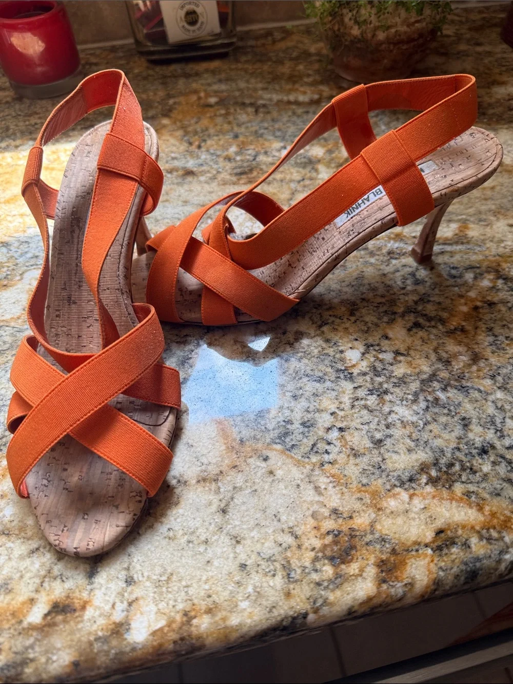 Manolo Blahnik Orange Crisscross Elastic Slingback Heels